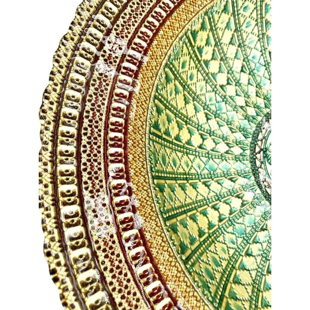 Turkish Glass Round Bowl Dinner Display Gold Lace Print 13.75